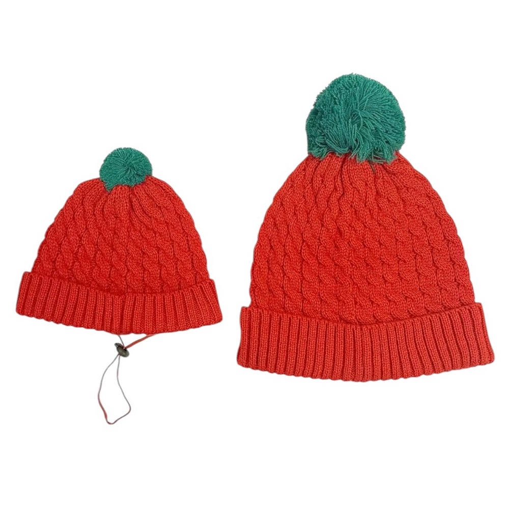 Hallmark Pets Knit Human Pet Red Matching Beanie Hat Set 2 Pieces Pom Pom - Picture 3 of 7